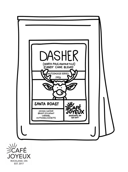 Black and white illustration of a coffee bag labeled 'Dasher' from Café Joyeux.