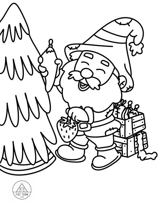 Cartoon gnome with a hat and boots standing next to a Christmas tree and gift box, coloring page.