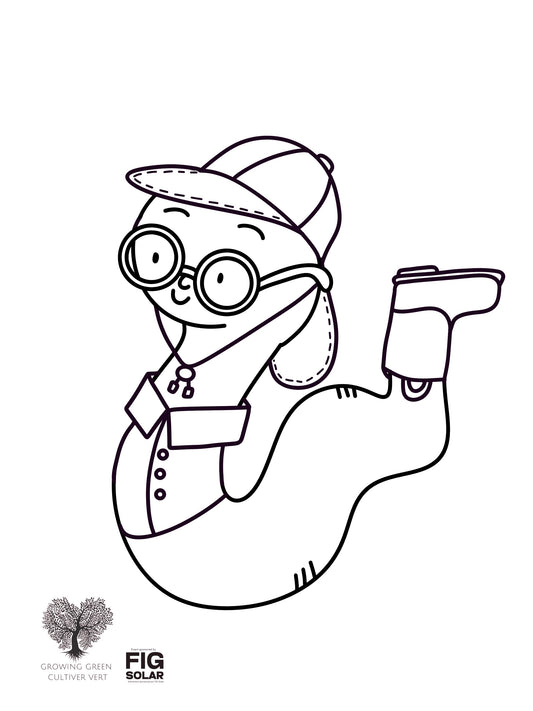 Black and white illustration of a snowman with a hat and goggles, holding a camera, on a white background. Brand 'FIG Solar' is visible. Spring Colouring Page, Free Printable Colouring Pages, Colouring Books