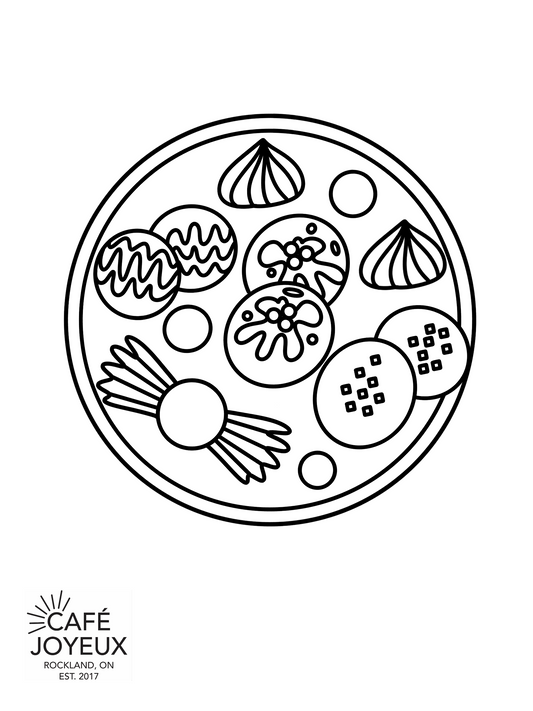 Black and white illustration of a pizza with various toppings on a white background, featuring the Cafe Joyeux logo.
