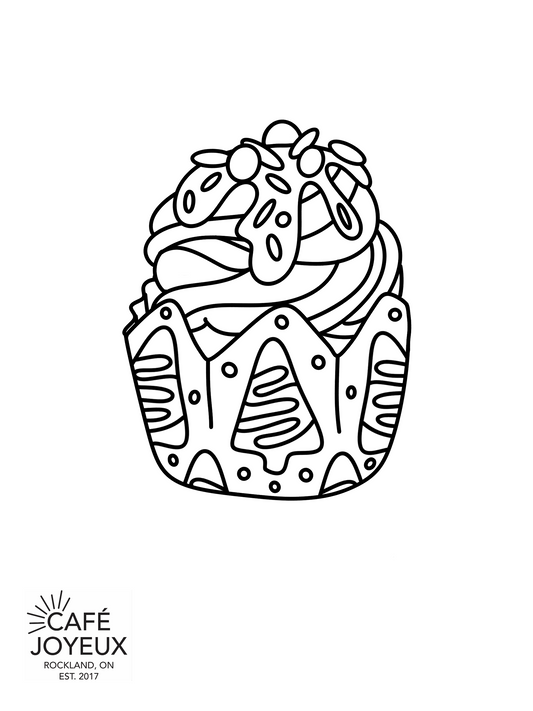 Black and white line drawing of a cupcake with 'Café Joyeux' branding at the bottom.