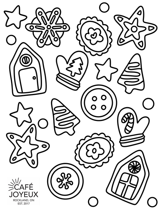 Collection of black line art designs including stars, buttons, and gingerbread houses on a white background with 'Café Joyeux' branding.