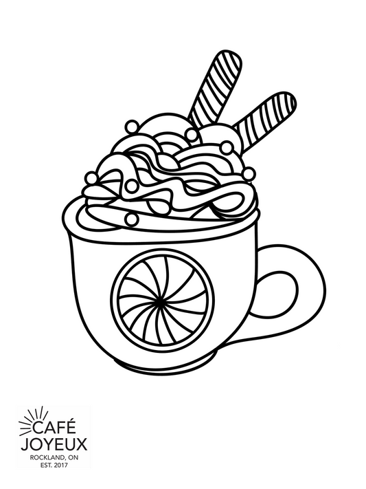Black and white line drawing of a hot chocolate with whipped cream and candy canes, featuring Café Joyeux branding.