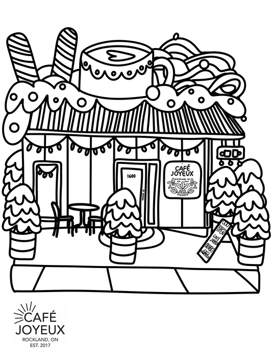 Illustration of a festive cafe named 'Café Joyeux' with Christmas decorations on a white background.