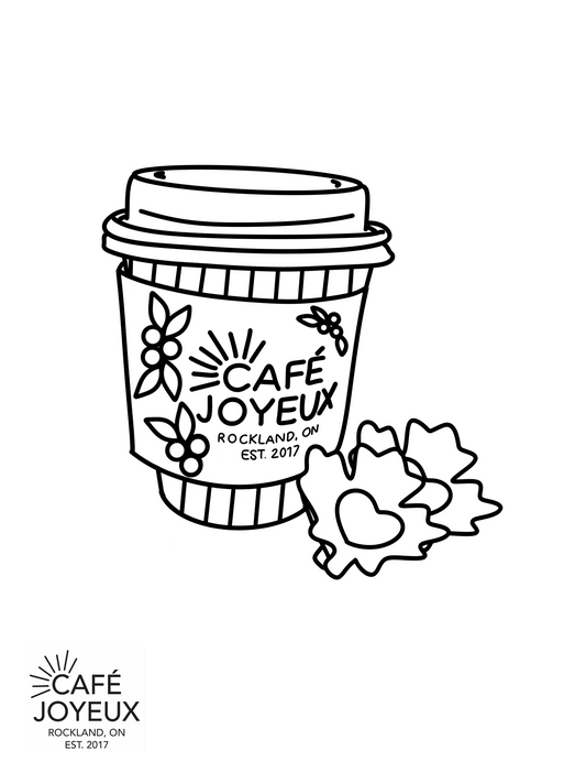 Outline of a coffee cup with 'Café Joyeux' branding on a white background