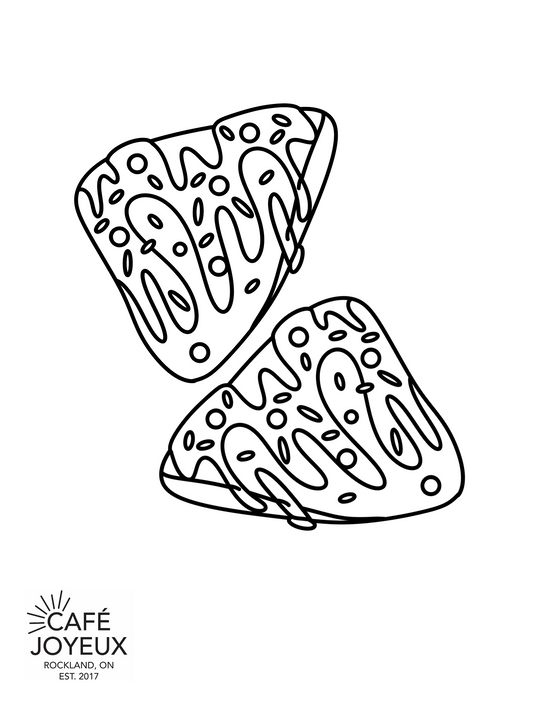 Black and white line drawing of two rectangular cookies with decorative patterns on a white background, featuring the Café Joyeux logo.