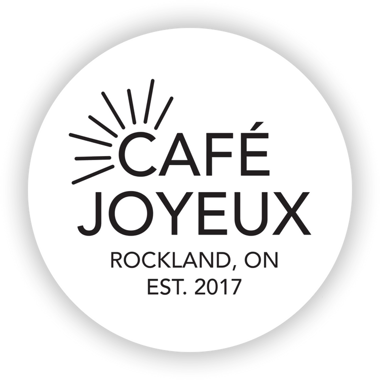 Café Joyeux logo with text 'Rockland, ON Est. 2017' on a white background