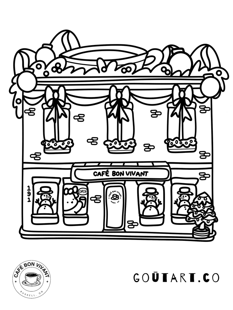 Black and white illustration of a bakery shop named 'Café Bon Vivant' with decorative elements.