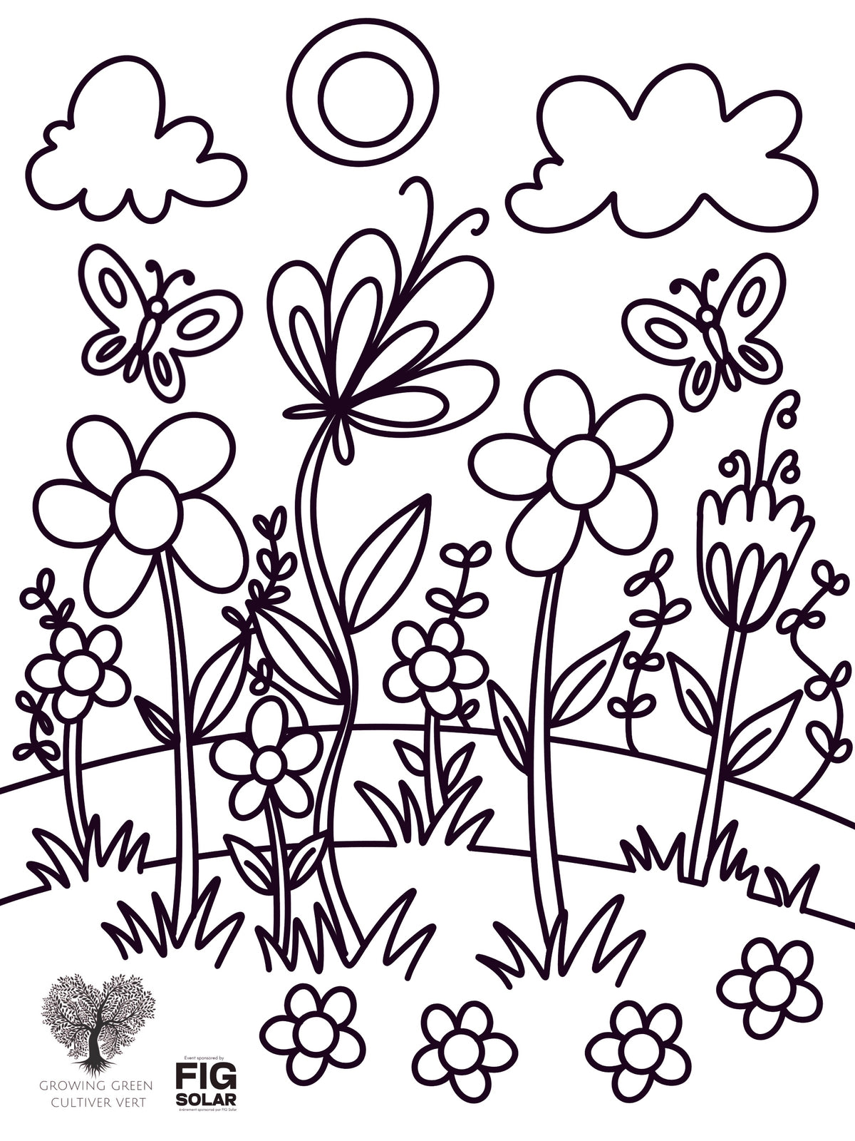Coloring page with flowers, butterflies, and a sun. Spring Colouring Page, Free Printable Colouring Pages, Colouring Books