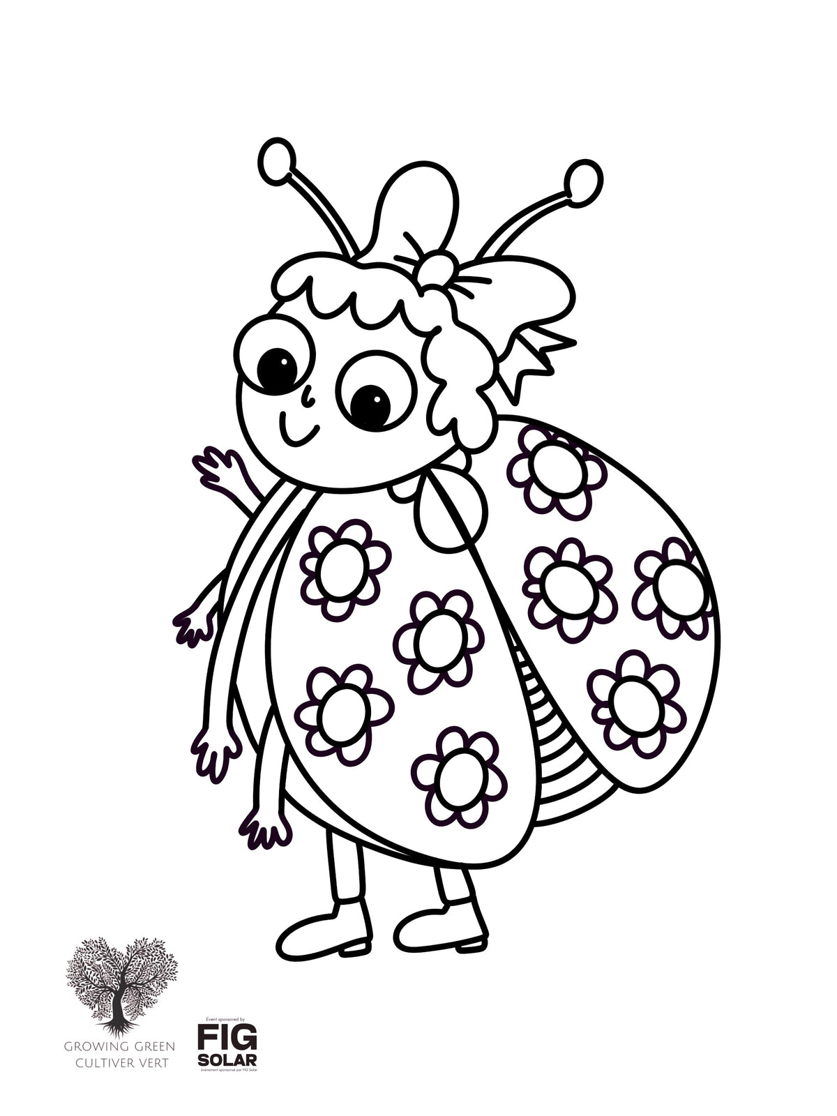 Black and white illustration of a ladybug character on a white background with 'FIG Solar' branding. Spring Colouring Page, Free Printable Colouring Pages, Colouring Books