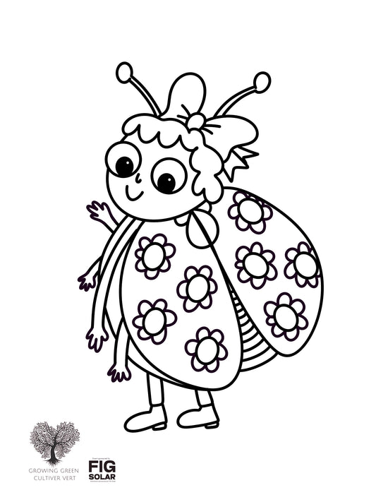 Black and white illustration of a ladybug character on a white background with 'FIG Solar' branding. Spring Colouring Page, Free Printable Colouring Pages, Colouring Books