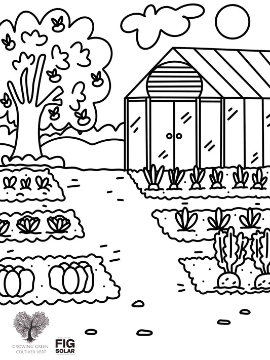 Black and white illustration of a garden with a greenhouse, trees, and plants. Spring Colouring Page, Free Printable Colouring Pages, Colouring Books