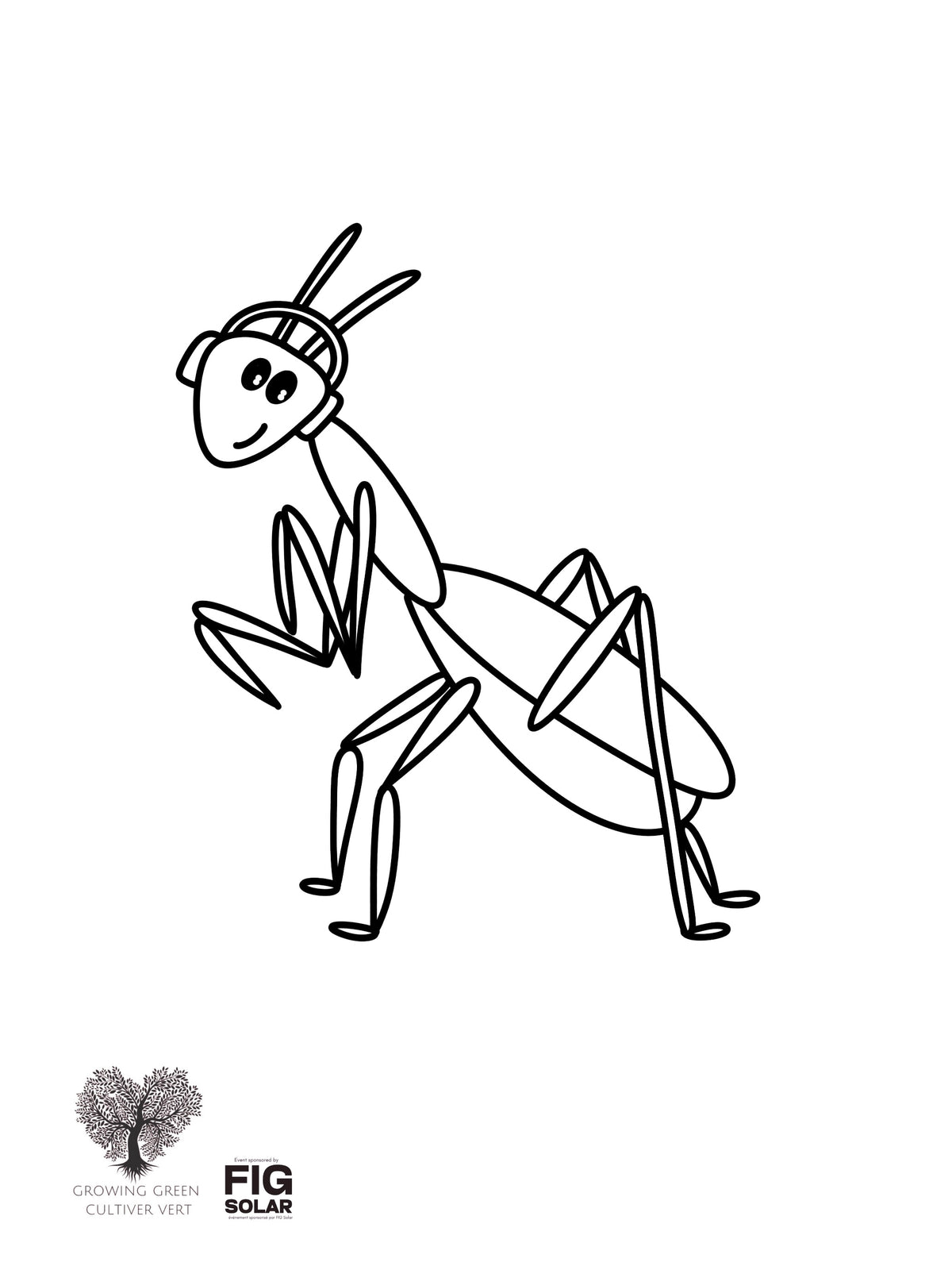 Black and white line drawing of a praying mantis on a white background with 'FIG Solar' logo. Spring Colouring Page, Free Printable Colouring Pages, Colouring Books