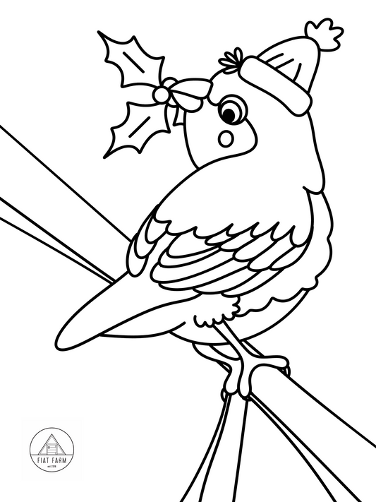 Black and white line drawing of a bird with a Santa hat and holly leaf on a branch.
