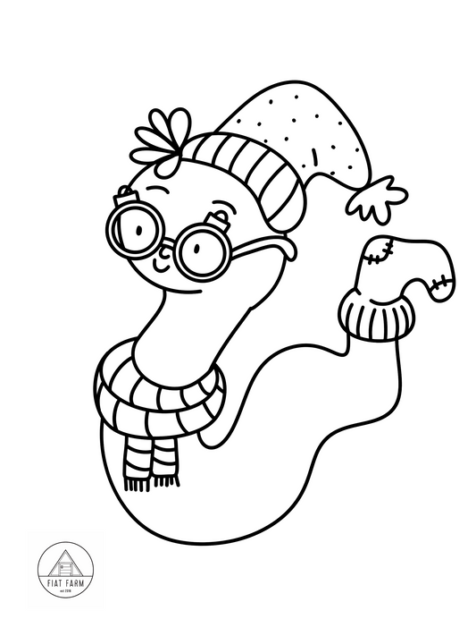 Christmas Colouring pages, worm with a winter hat.